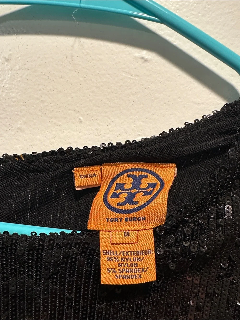 Tory Burch Black Sequin Top with Orange Logo Tag